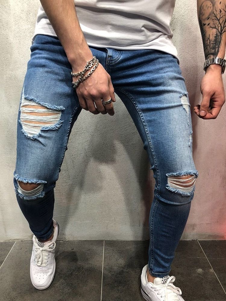 Blyantbukser Slitte Tynne Midje Glidelås Jeans For Menn