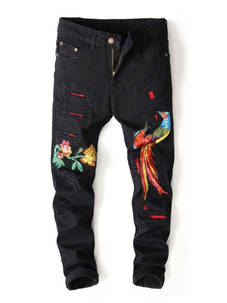 Broderiblyantsbukse For Menn Floral Glidelås Midje Jeans