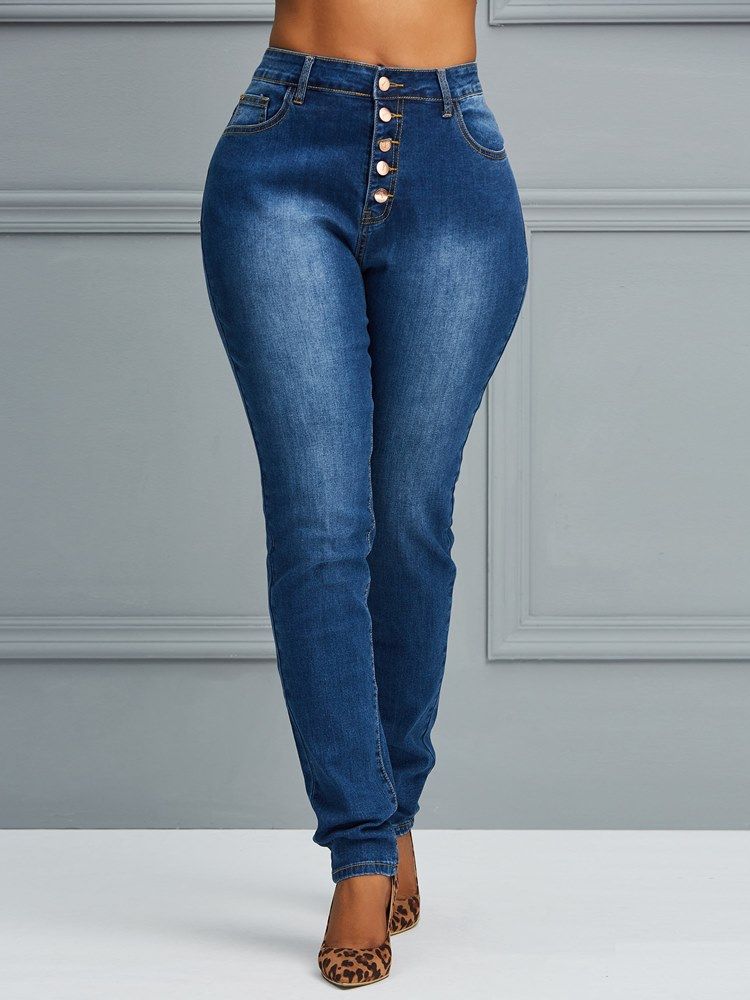 Button Skinny Plain Jeans For Kvinner