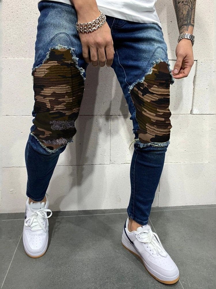 Camouflage Pencil Pants Hole Casual Mid Waist Herre Jeans