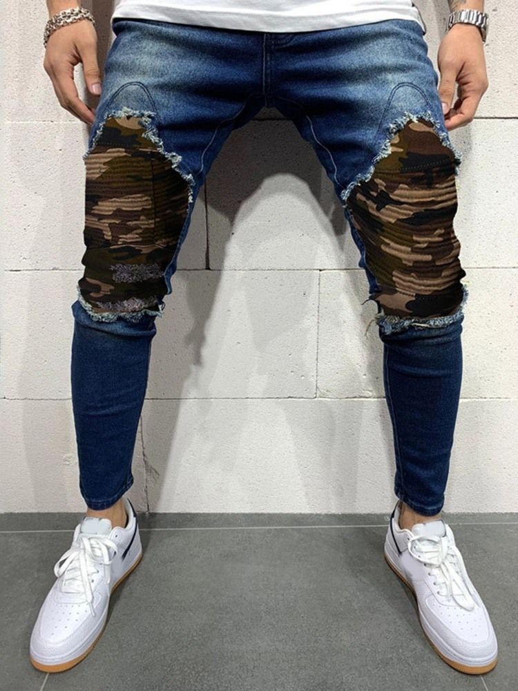 Camouflage Pencil Pants Hole Casual Mid Waist Herre Jeans