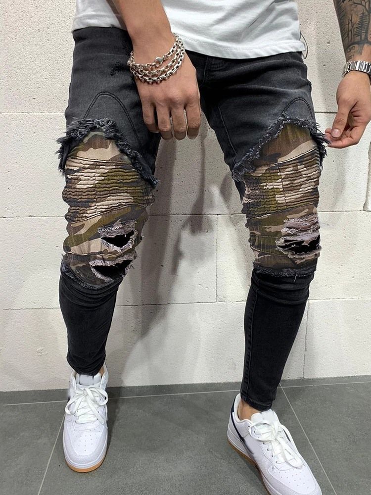 Camouflage Pencil Pants Hole Casual Mid Waist Herre Jeans