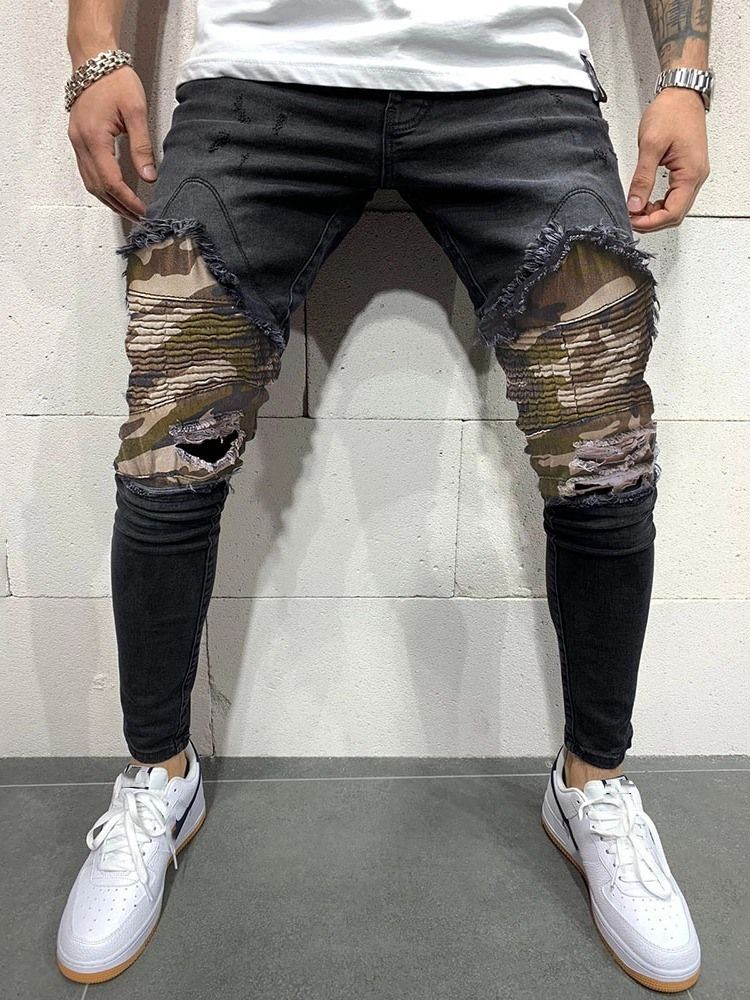 Camouflage Pencil Pants Hole Casual Mid Waist Herre Jeans