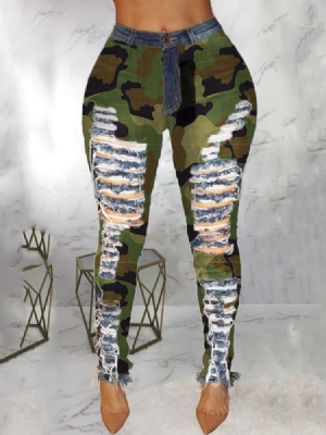 Camouflage Pencil Pants Patchwork Skinny Mid Waist Dame Jeans