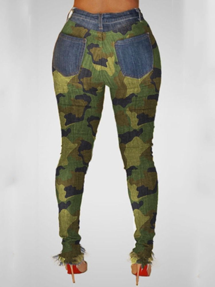 Camouflage Pencil Pants Patchwork Skinny Mid Waist Dame Jeans