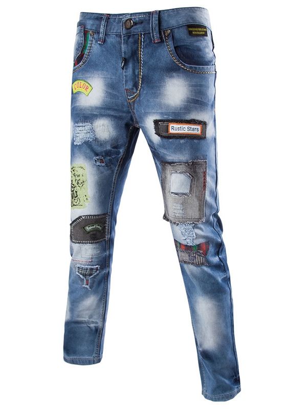 Casual Street Style Patchwork Denim Jeans For Menn