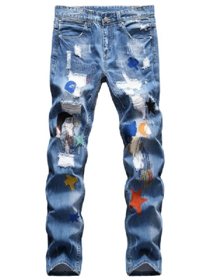 Color Block Hole Straight Hip Hop Glidelås Herre Jeans