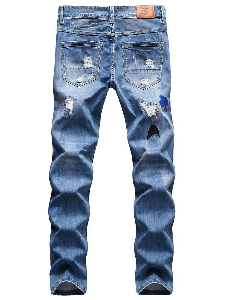 Color Block Hole Straight Hip Hop Glidelås Herre Jeans