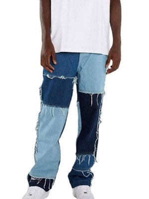 Color Block Patchwork Hip Hop Glidelås Herre Jeans