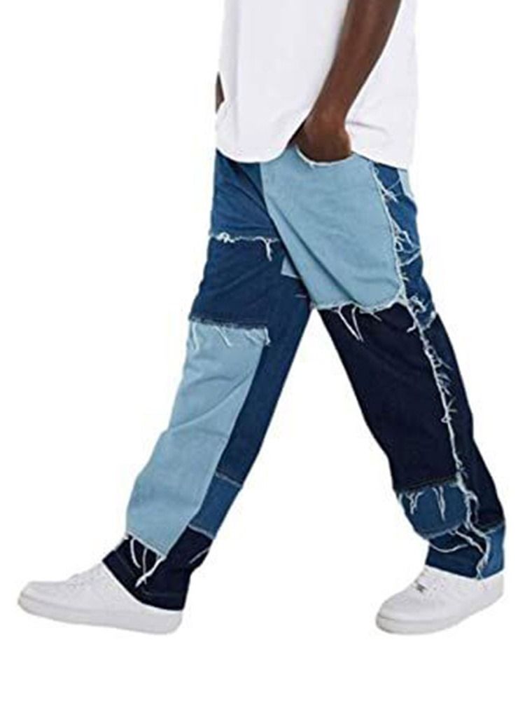 Color Block Patchwork Hip Hop Glidelås Herre Jeans