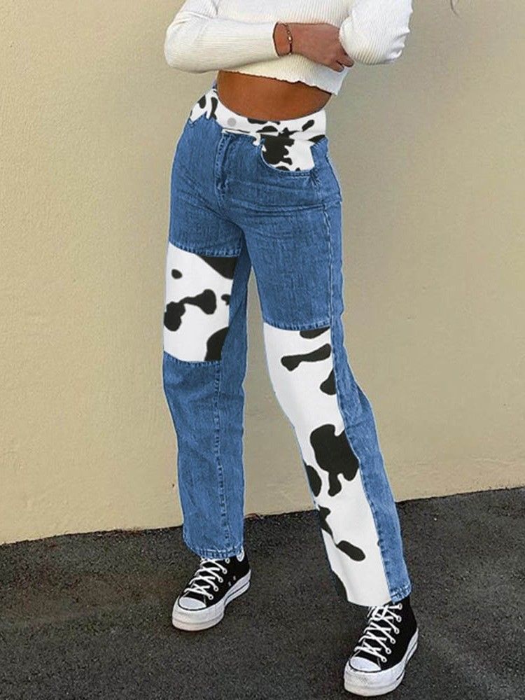 Color Block Print Straight High Waist Dame Slim Jeans