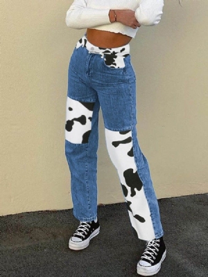 Color Block Print Straight High Waist Dame Slim Jeans