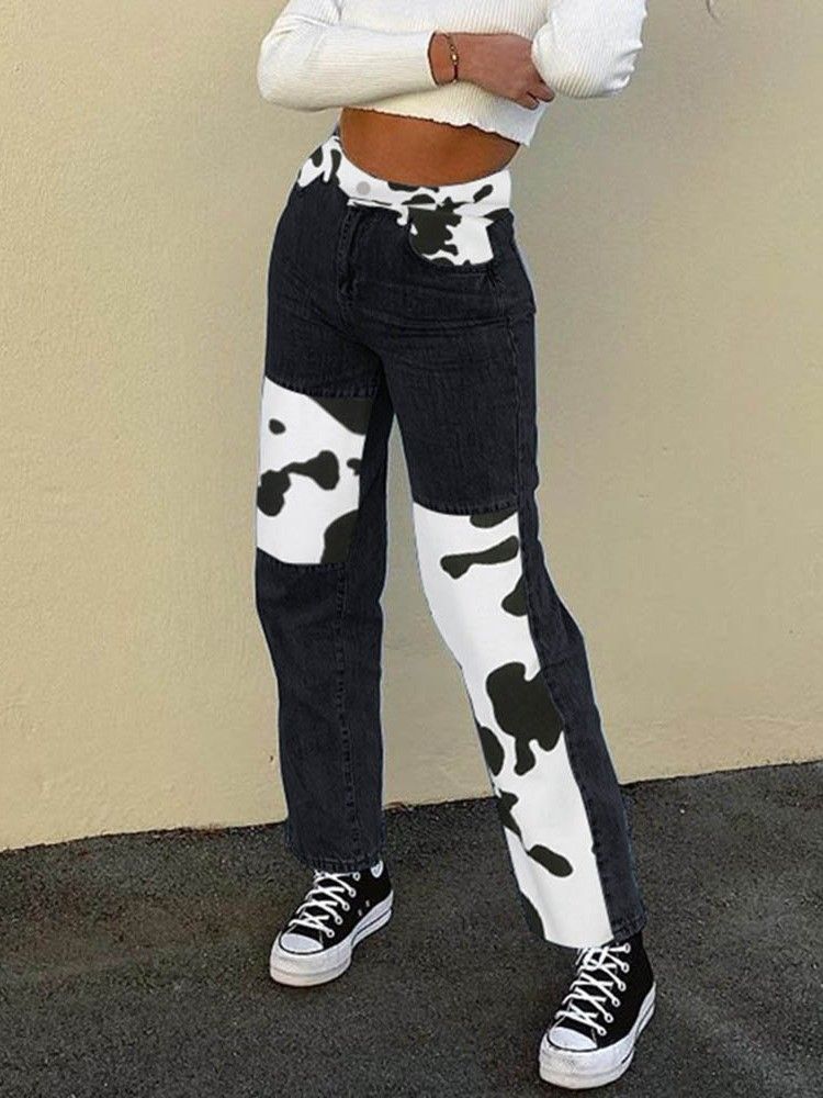 Color Block Print Straight High Waist Dame Slim Jeans