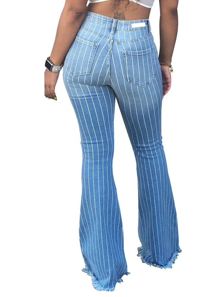 Damemote Stripe Bellbottoms Print Slim Glidelås Jeans