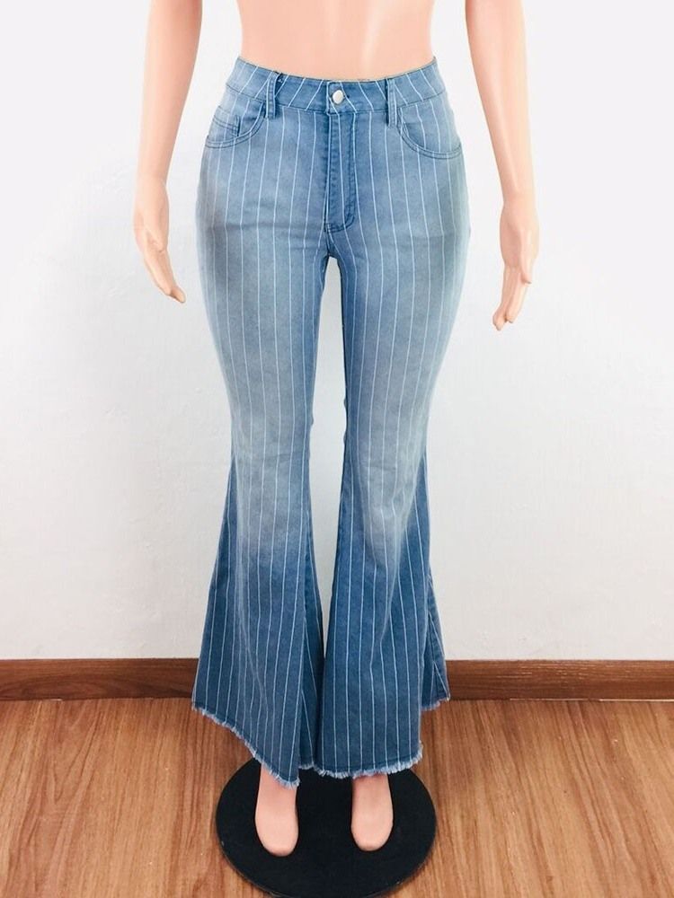 Damemote Stripe Bellbottoms Print Slim Glidelås Jeans