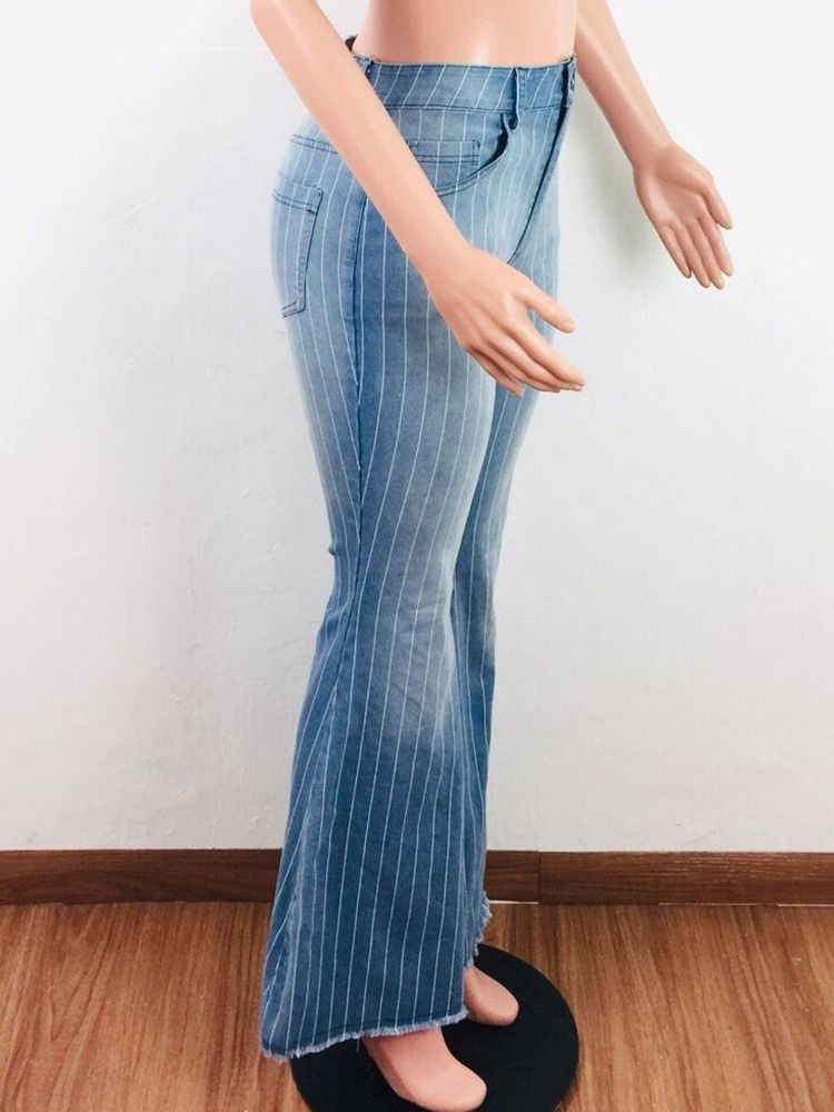 Damemote Stripe Bellbottoms Print Slim Glidelås Jeans