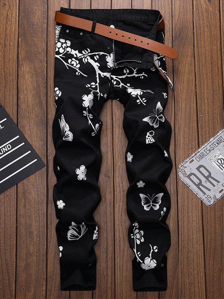 Herreprint Floral Straight Glidelås Casual Jeans