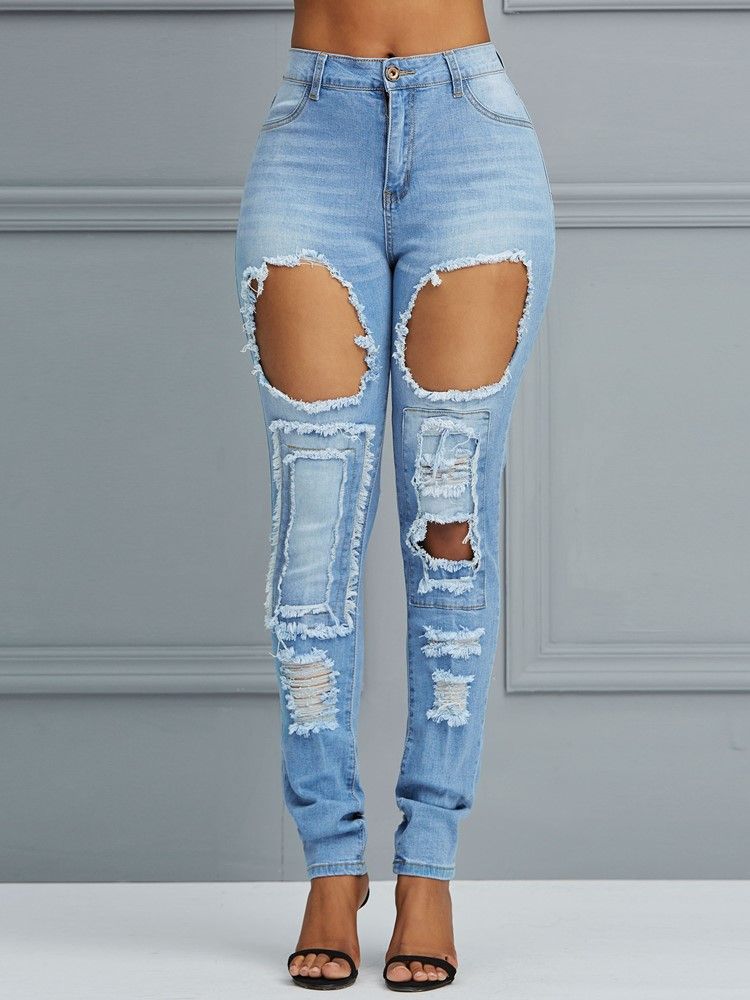 Hole High-waist Pencil Pants Jeans For Kvinner