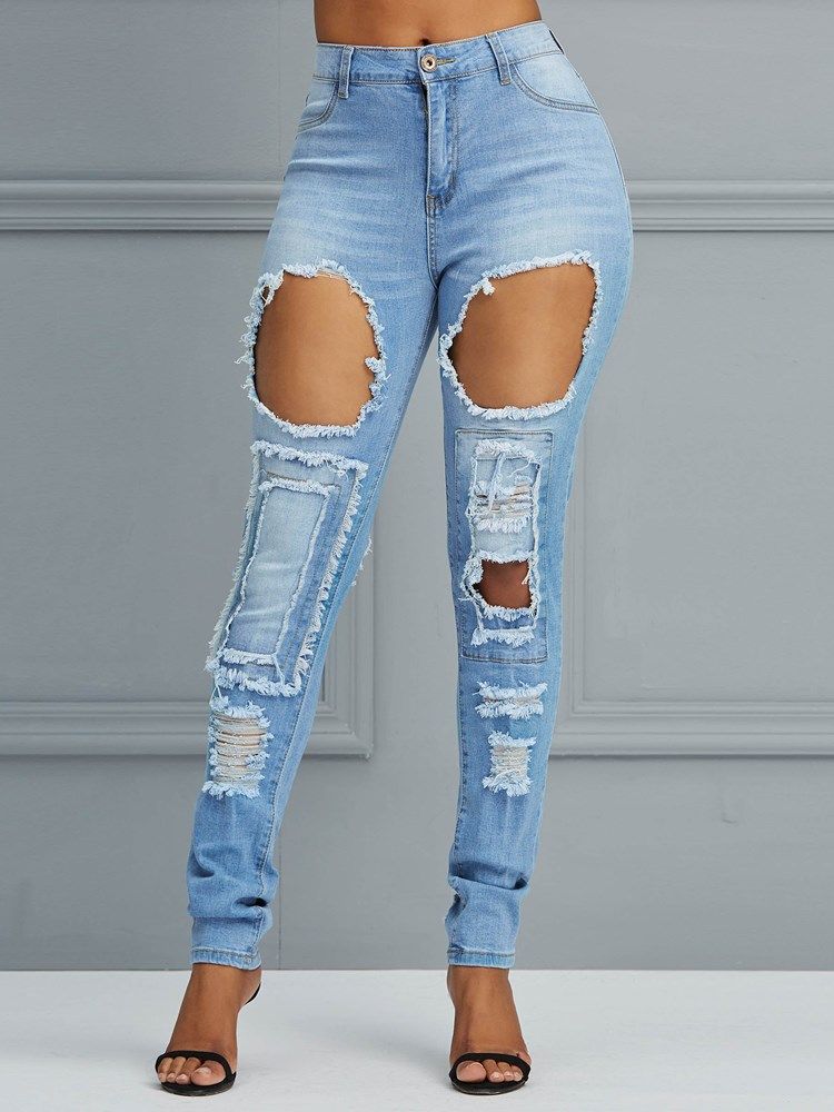 Hole High-waist Pencil Pants Jeans For Kvinner