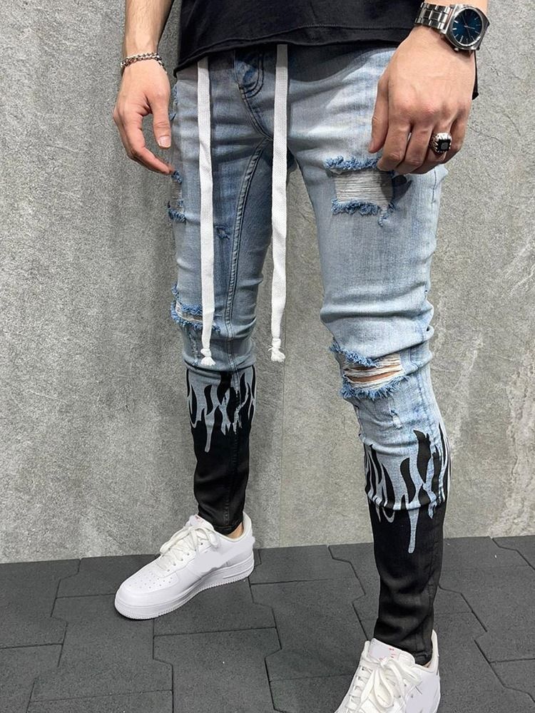 Hole Pencil Pants Mid Waist Jeans For Menn