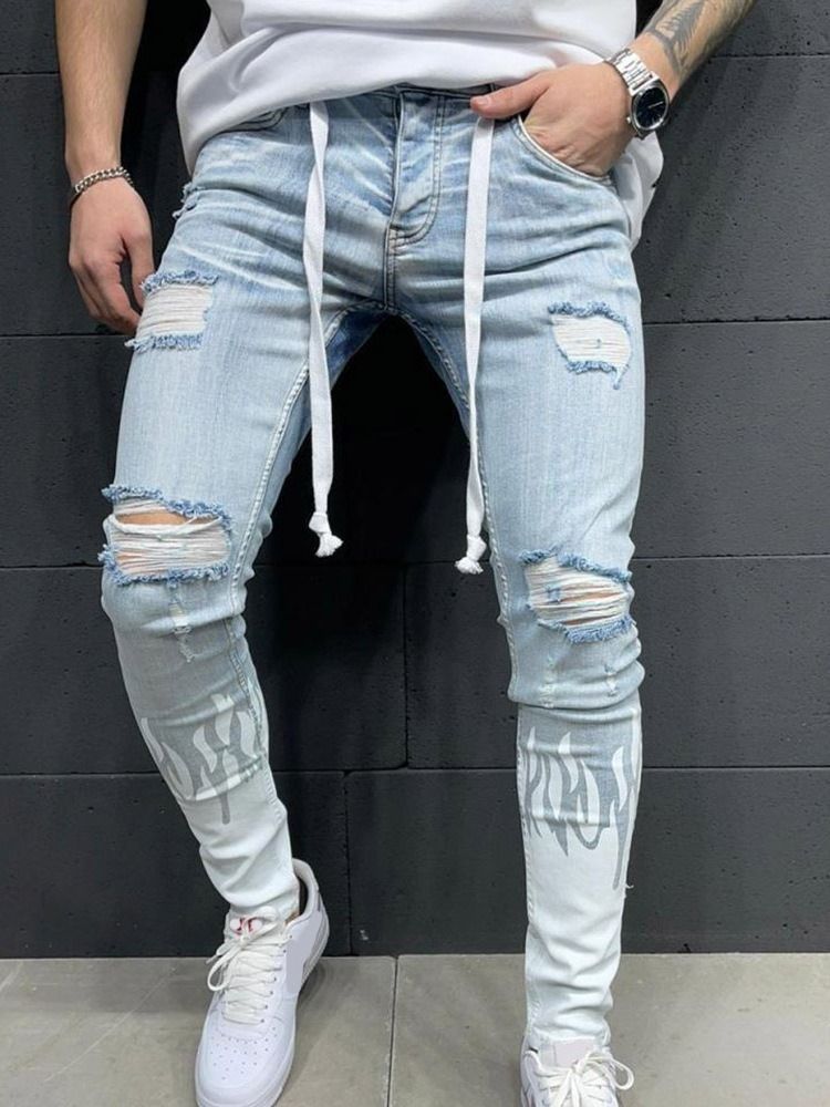 Hole Pencil Pants Mid Waist Jeans For Menn