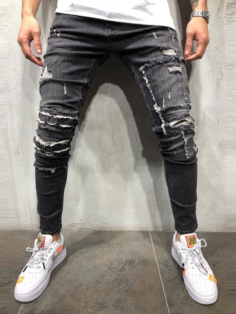 Hole Pencil Pants Mid Waist Mens Casual Jeans