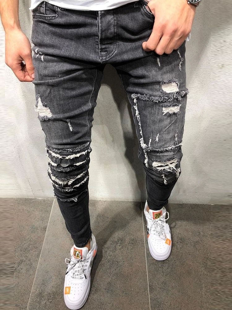 Hole Pencil Pants Mid Waist Mens Casual Jeans