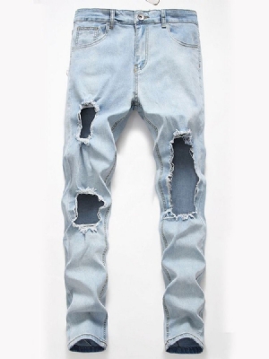 Hole Plain Straight Glidelås Koreansk Jeans For Menn