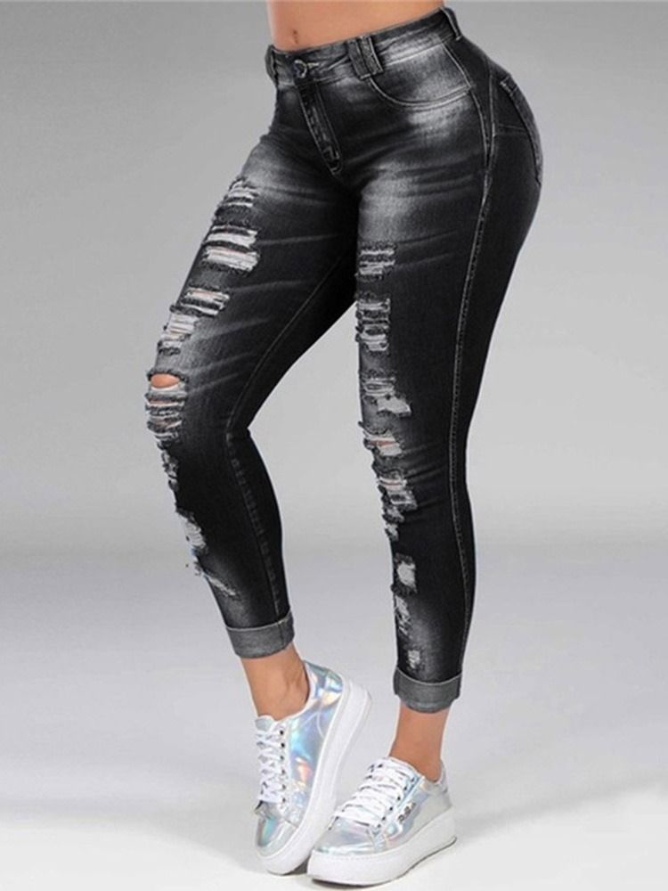 Hole Straight Plain Zipper Mid Waist Dame Jeans