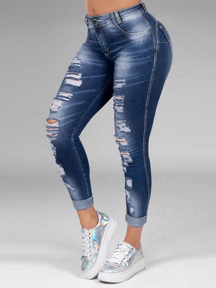 Hole Straight Plain Zipper Mid Waist Dame Jeans