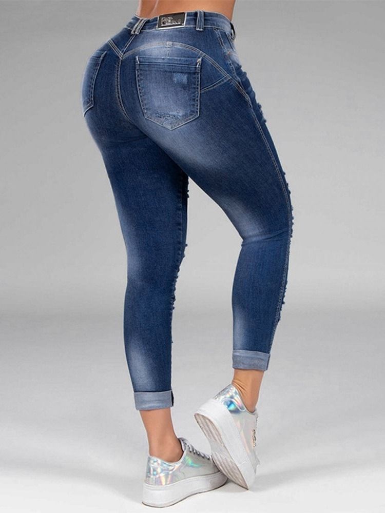 Hole Straight Plain Zipper Mid Waist Dame Jeans