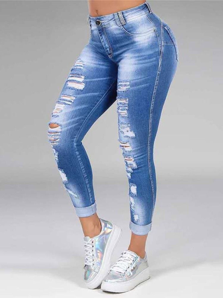 Hole Straight Plain Zipper Mid Waist Dame Jeans