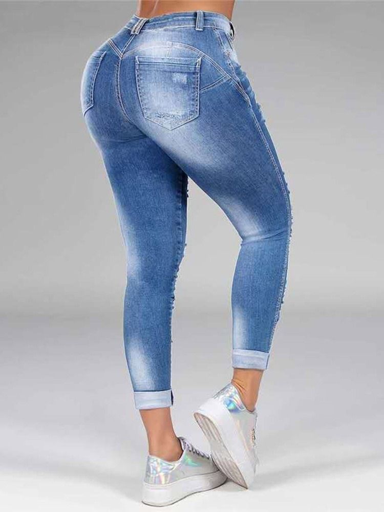 Hole Straight Plain Zipper Mid Waist Dame Jeans