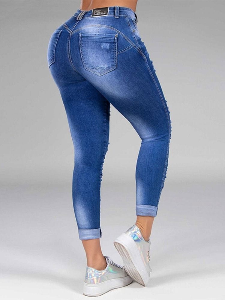 Hole Straight Plain Zipper Mid Waist Dame Jeans