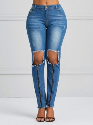 Hole Zipper Skinny Jeans For Kvinner