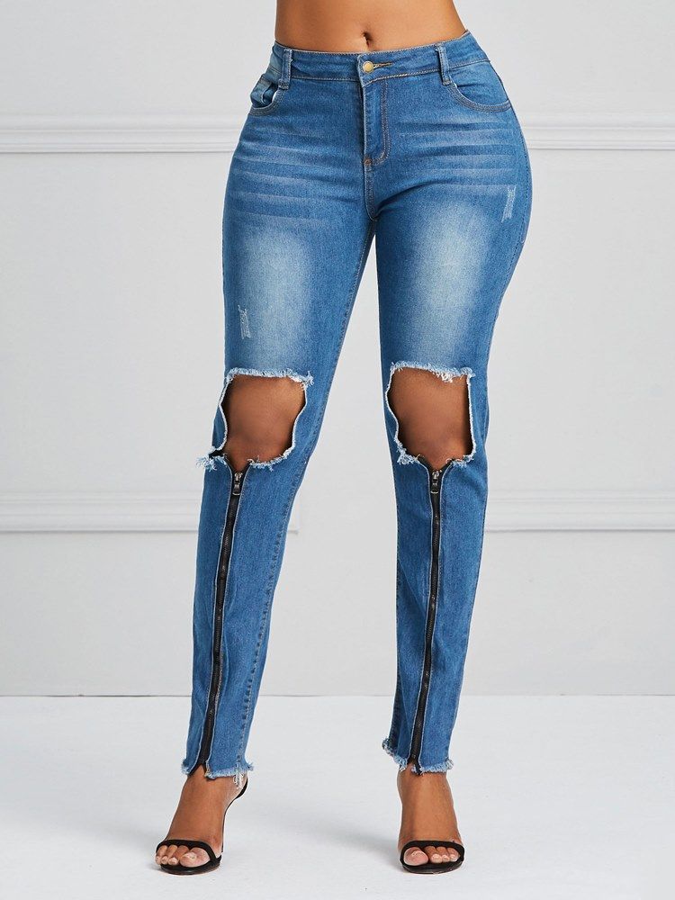 Hole Zipper Skinny Jeans For Kvinner