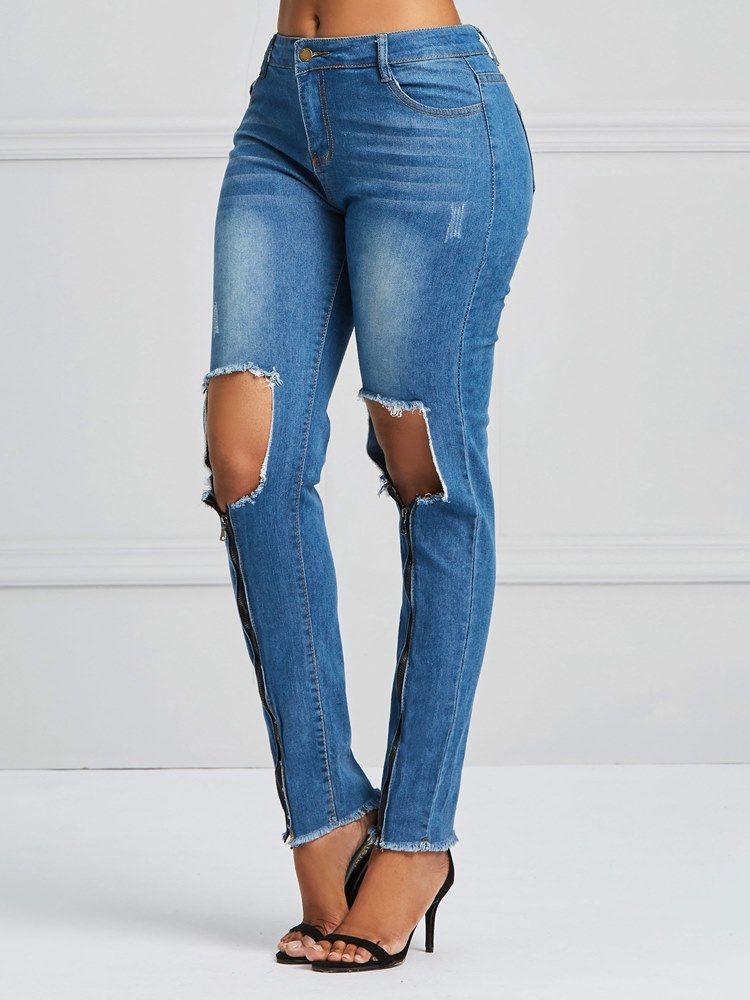 Hole Zipper Skinny Jeans For Kvinner