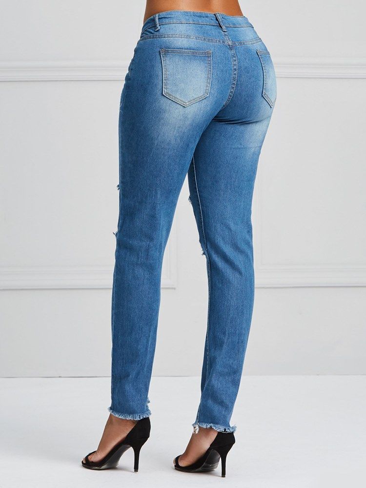 Hole Zipper Skinny Jeans For Kvinner