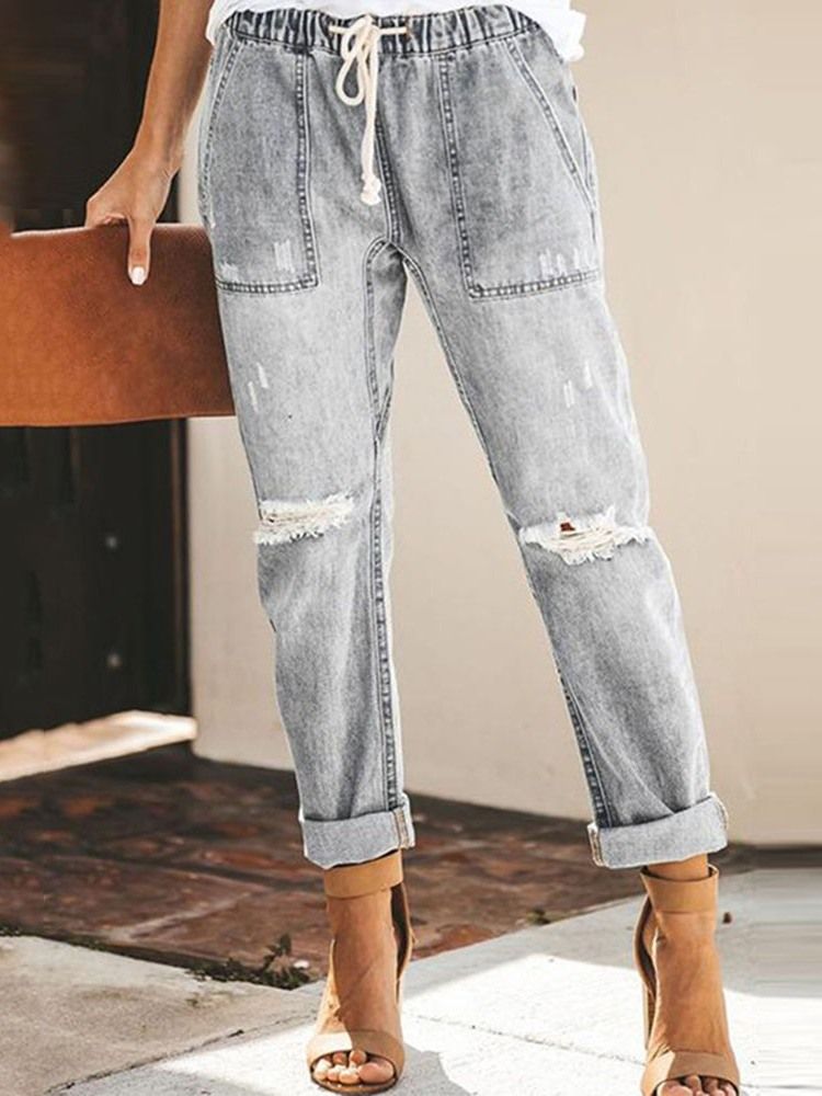 Kvinner Lace-up Plain Pocket Elastics Jeans