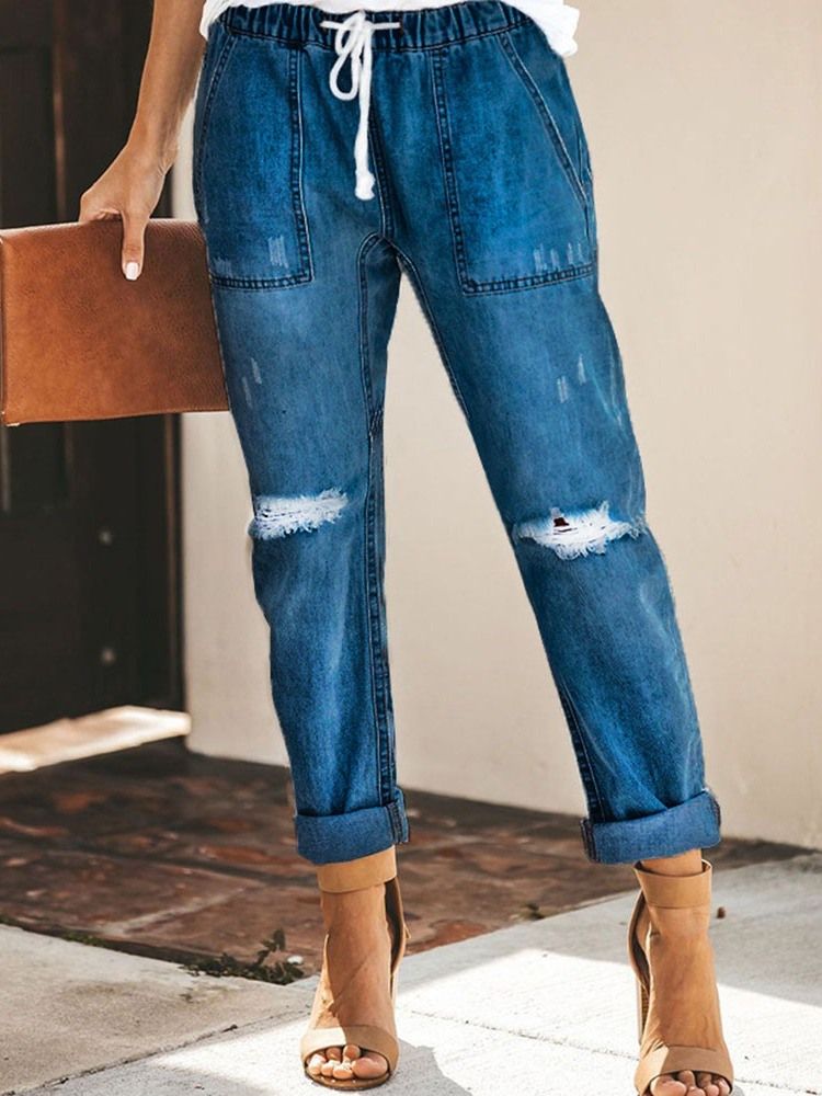 Kvinner Lace-up Plain Pocket Elastics Jeans