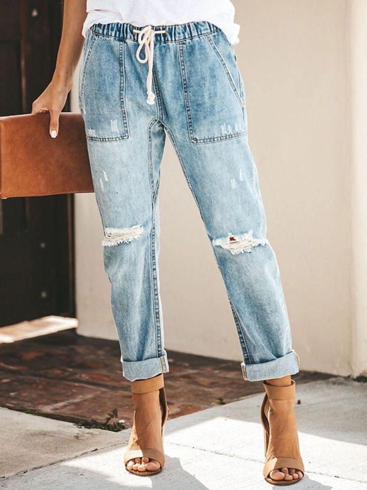 Kvinner Lace-up Plain Pocket Elastics Jeans