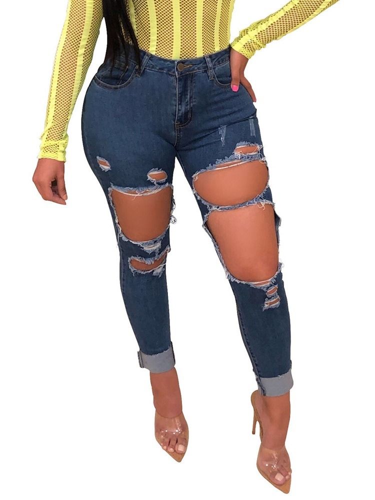 Kvinner Sexy Plain Skinny Zipper Ripped Jeans