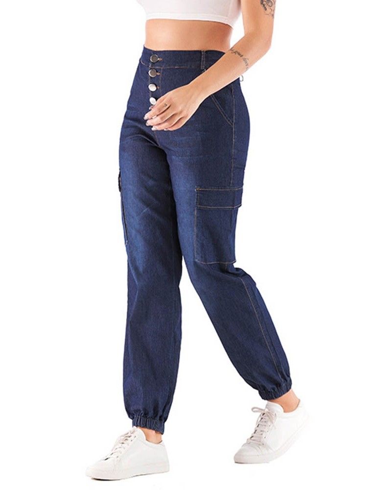 Kvinners Pocket Plain Knickerbockers Button Loose Jeans