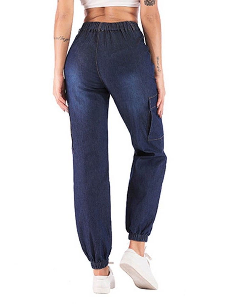 Kvinners Pocket Plain Knickerbockers Button Loose Jeans