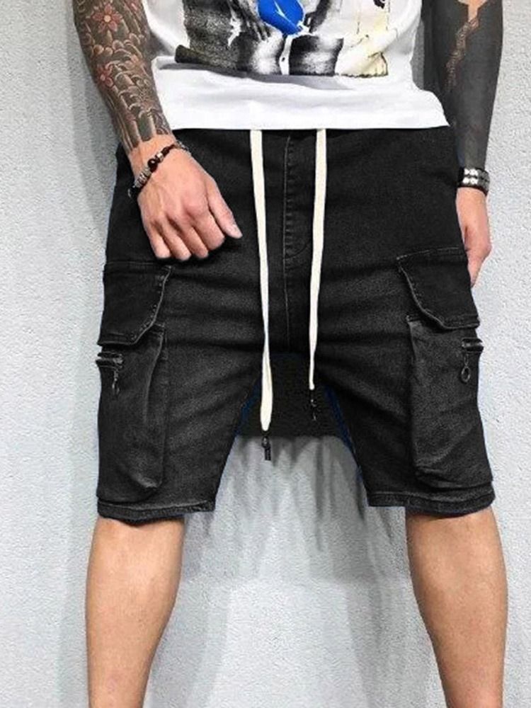 Lace-up Plain Straight Cargo Shorts For Menn