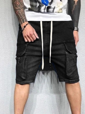 Lace-up Plain Straight Cargo Shorts For Menn