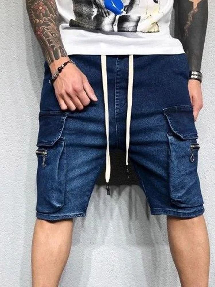 Lace-up Plain Straight Cargo Shorts For Menn