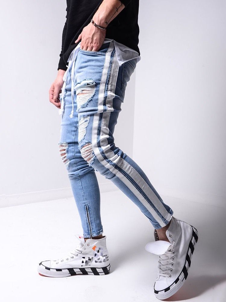 Menn Hole Pencil Pants Glidelås Sports Jeans