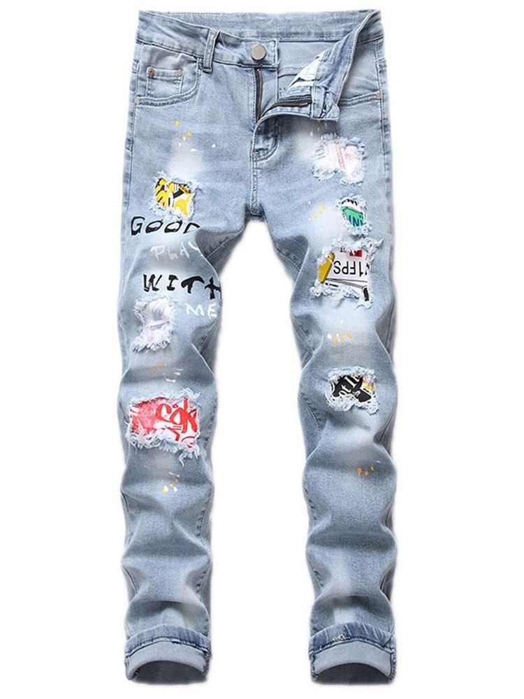 Menns Print Letter Glidelås Casual Jeans