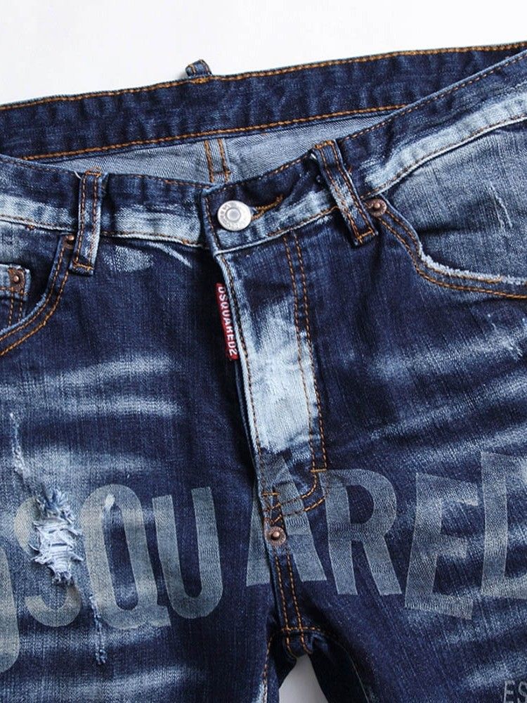 Menns Slitne Brev Rett Knapp Europeiske Jeans For Menn